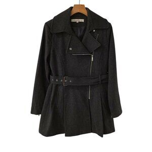 Kenneth Cole Wool Peacoat Asymmetric Belted Zippered Moto Jacket Gray‎ Medium